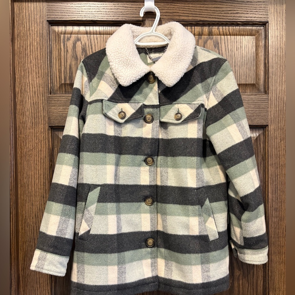 Koolaburra by UGG Sherpa Green Gray Plaid Jacket Women’s MED Warm Lined EUC